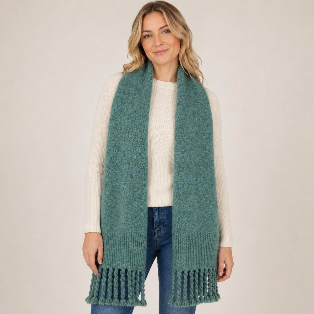 Anthropologie Scarf Women One Size Teal Blue Green Marled Knit Twisted Fringe